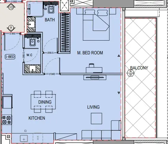 Binghatti Apex 1 bed floor plan, 834 sqft