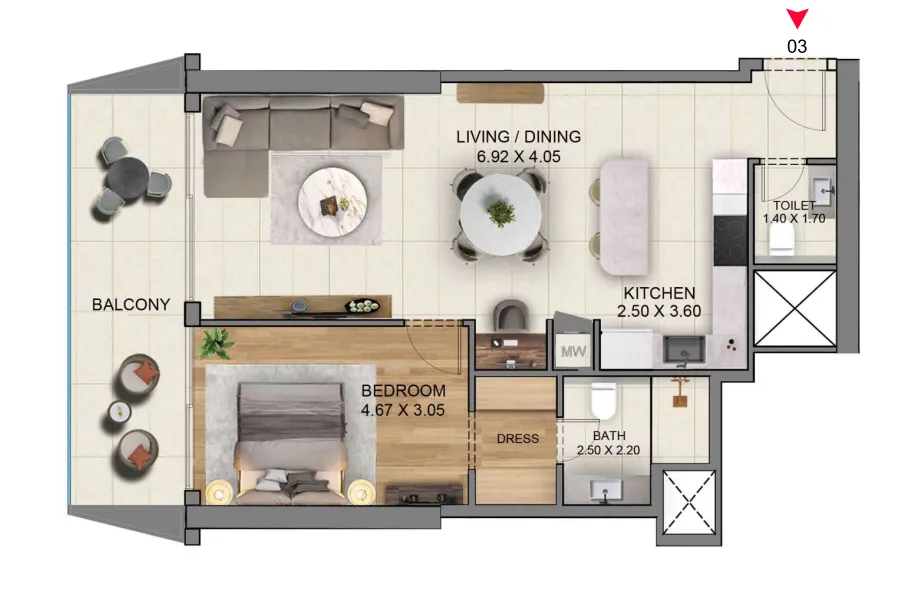Sky Hills Residence 3 1 bed floor plan, 972 – 973 sqft