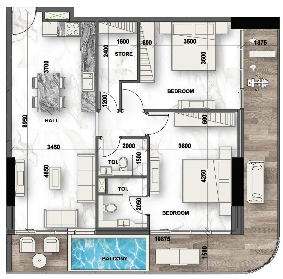 Peace Lagoons 2 bed floor plan, 1,036 – 1,379 sqft