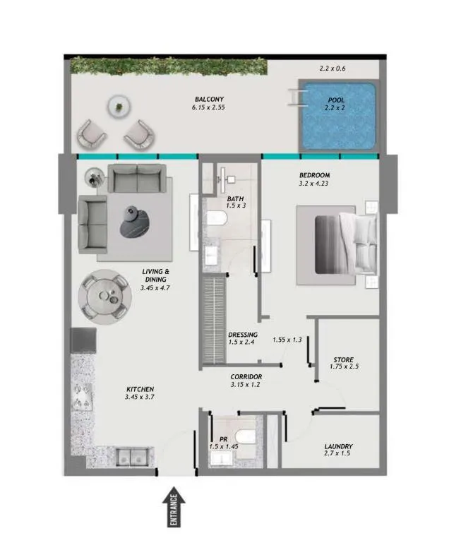 Samana Resorts 1 bed floor plan, 1,030 sqft