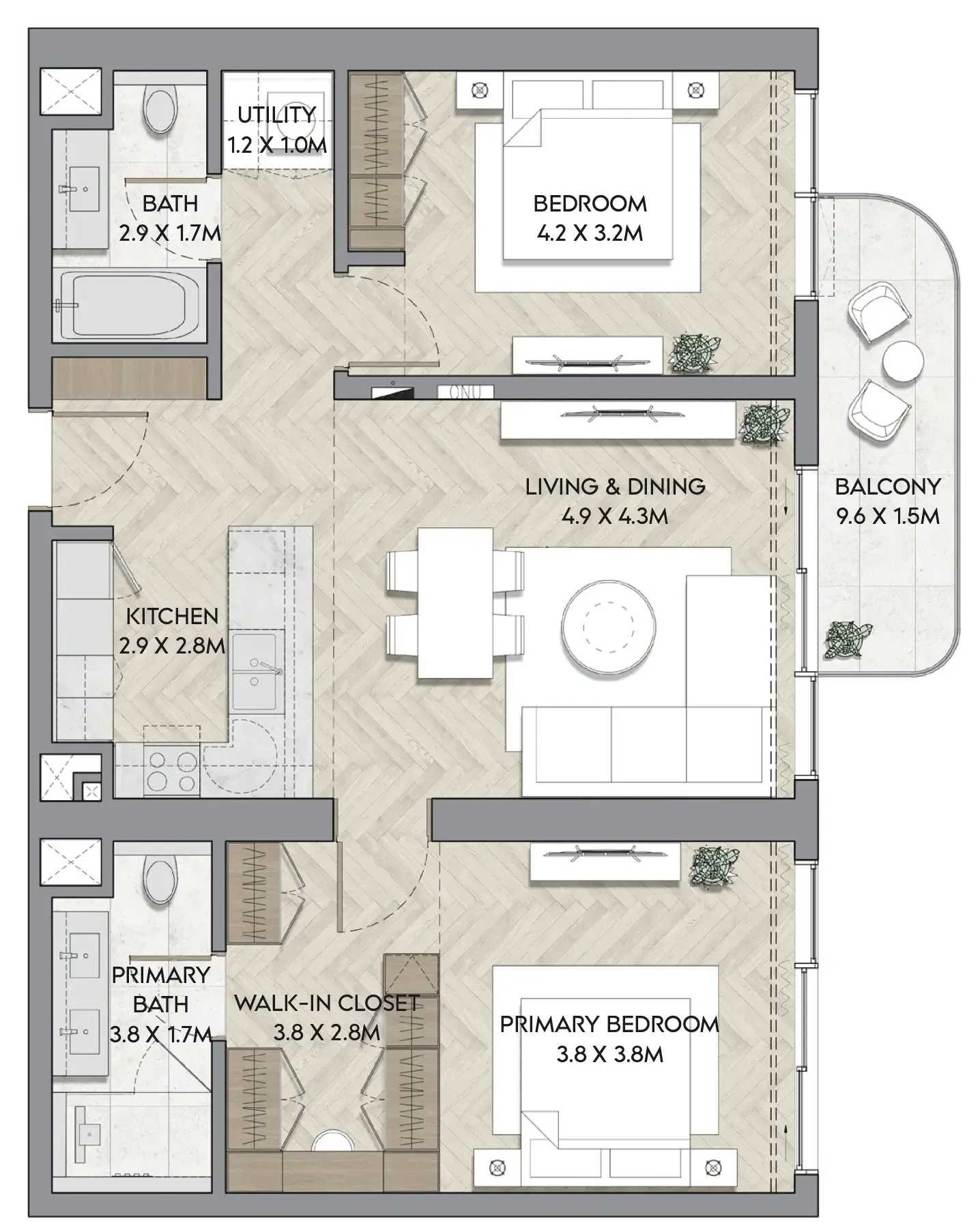 Nura 2 bed floor plan, 1,219 sqft