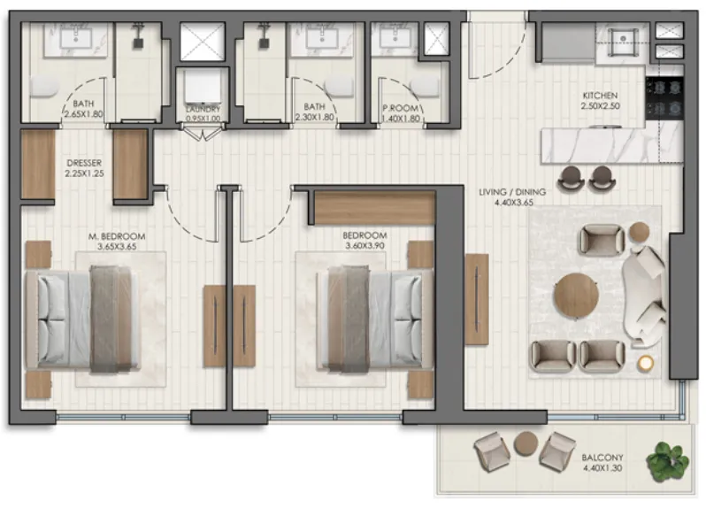 Belmont 2 bed floor plan, 972 sqft