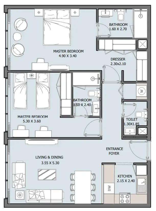 Oceana 2 bed floor plan, 1,036 sqft