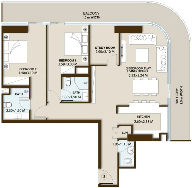 PG Maison 2 bed floor plan, 1,433 sqft