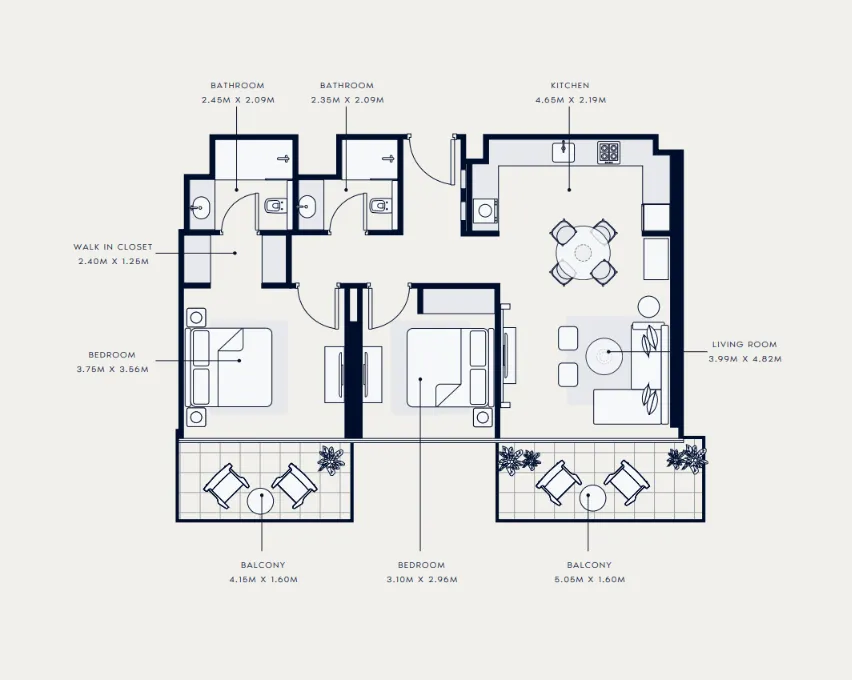 Azizi Venice 2 bed floor plan, 1,068 sqft