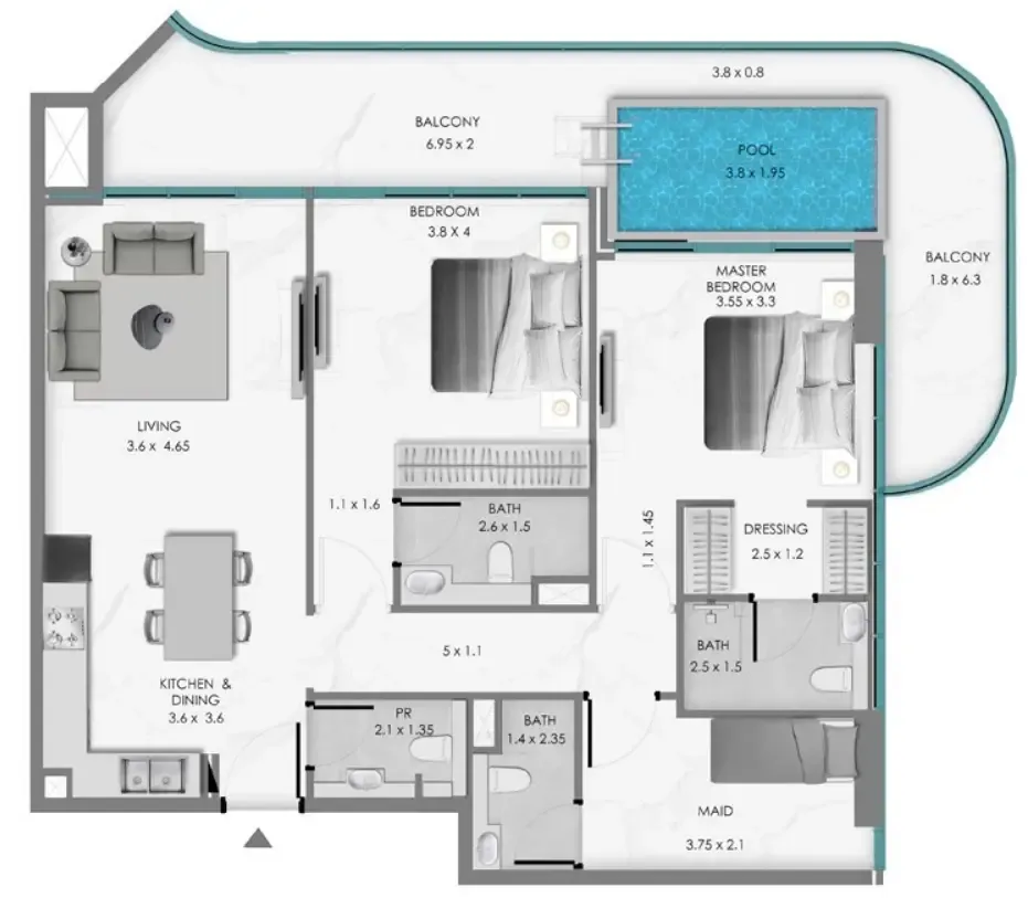 Samana Ocean Bay 2 bed floor plan, 1,433 sqft