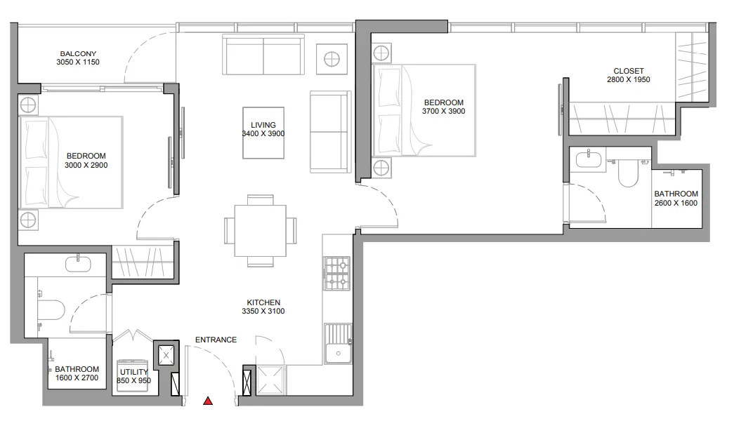Florine Beach Residences 2 bed floor plan, 839 – 840 sqft