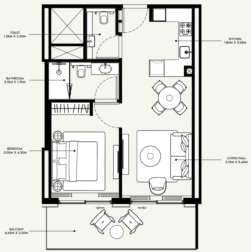 Azizi Venice 1 bed floor plan, 736 sqft