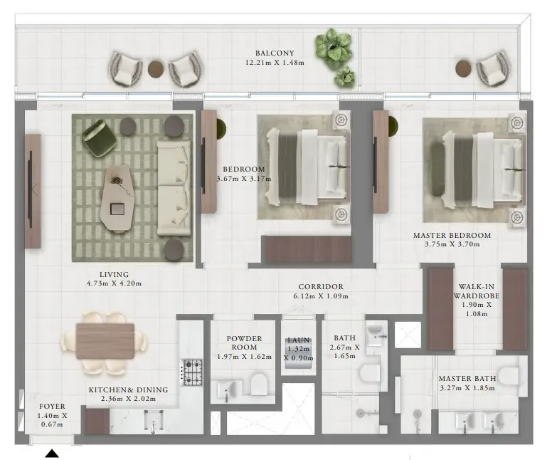 Creek Bay 2 bed floor plan, 1,250 sqft