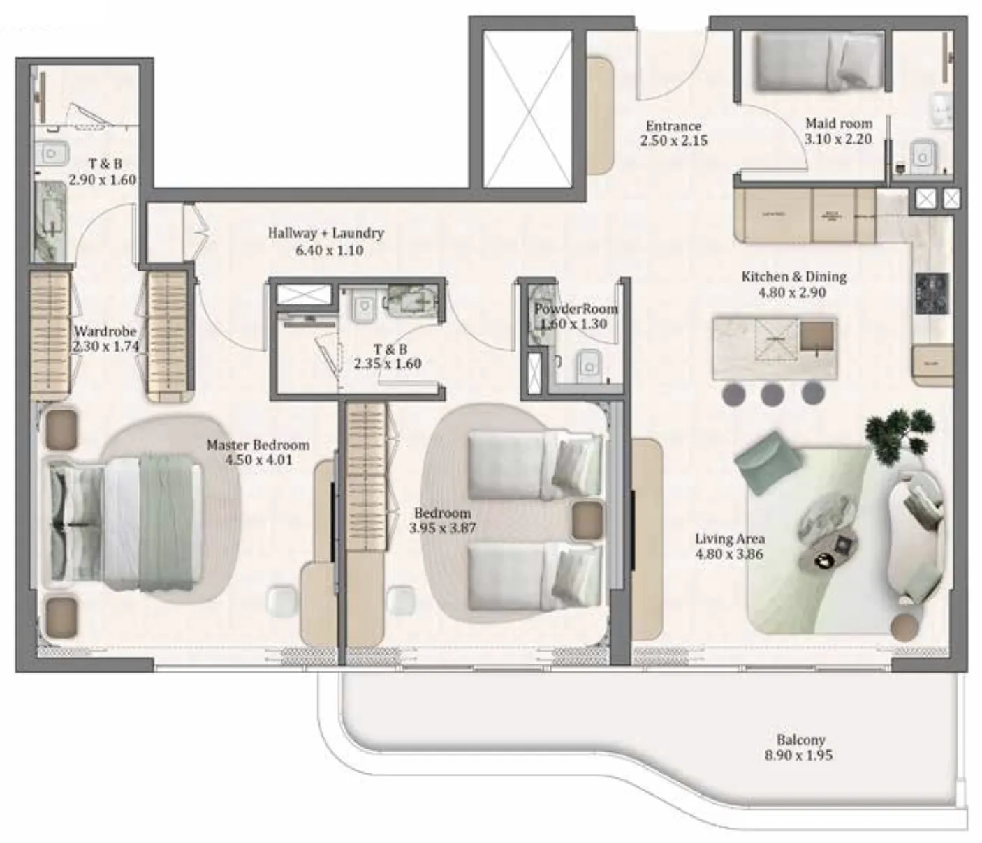 Flow Residences 2 bed floor plan, 1,343 – 1,413 sqft