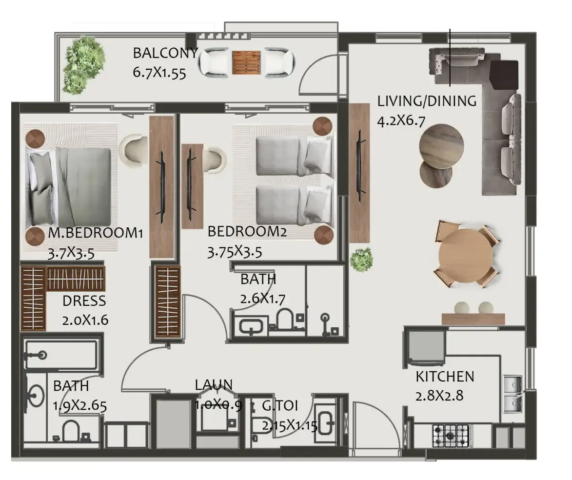 Hillside Residences 2 bed floor plan, 1,260 sqft