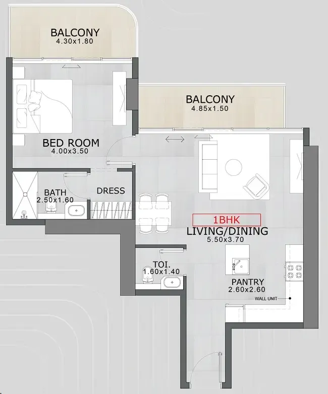 Floarea Skies 1 bed floor plan, 838 sqft