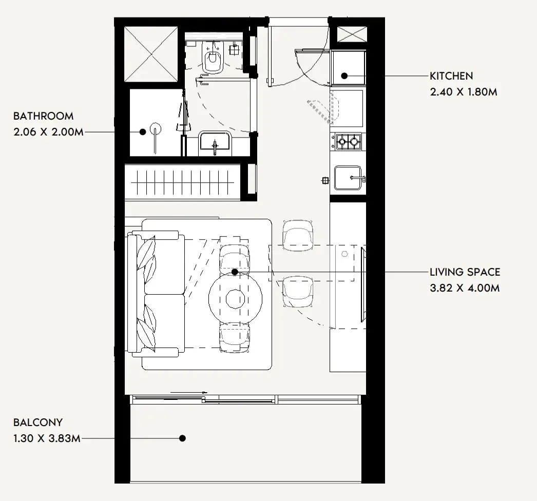 Jaddaf Beach Oasis Studio floor plan, 343 sqft