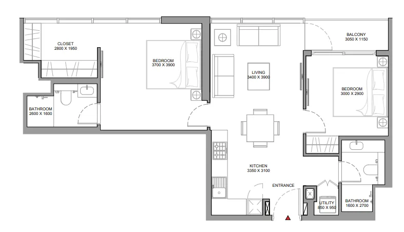 Florine Beach Residences 2 bed floor plan, 839 sqft