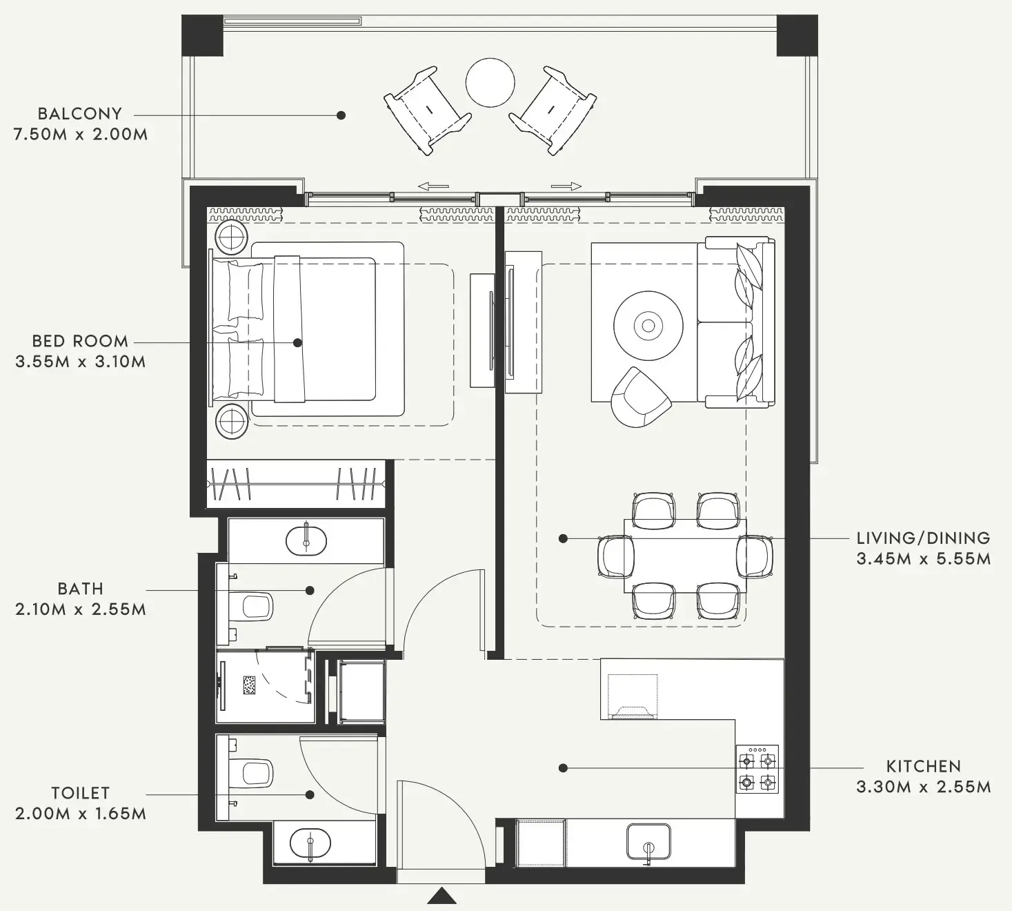 Riviera 58 1 bed floor plan, 811 sqft