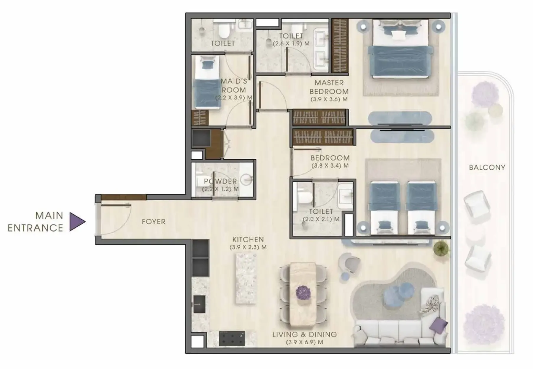 Kaia Residences 2 bed floor plan, 1,386 – 1,617 sqft