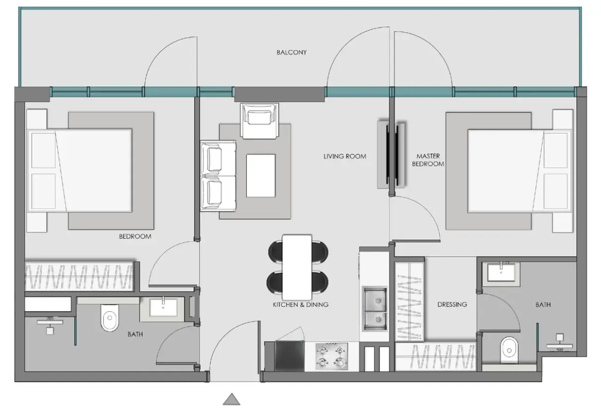 Samana Hills South 3 2 bed floor plan, 880 sqft