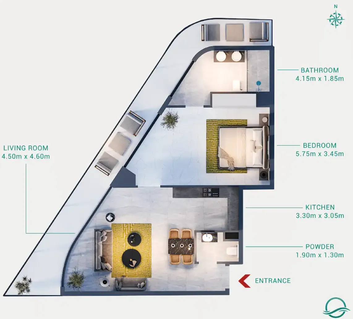 Milos 1 bed floor plan, 921 sqft