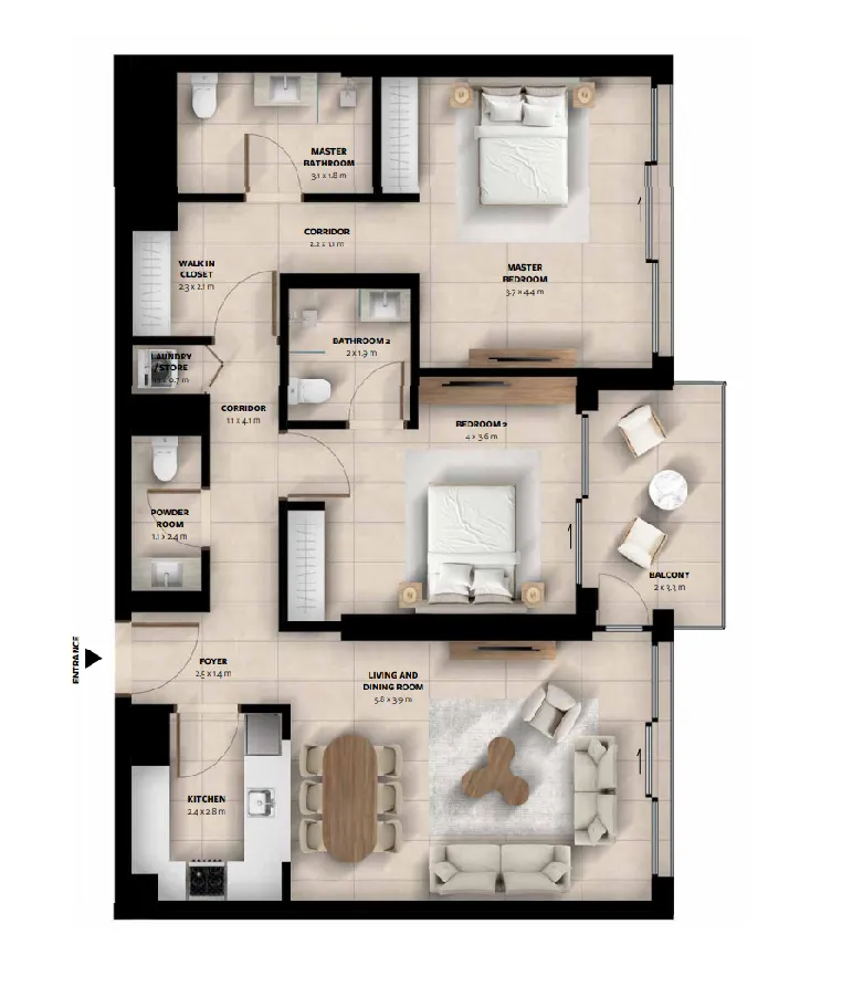 Waada Dubai South 2 bed floor plan, 1,190 sqft