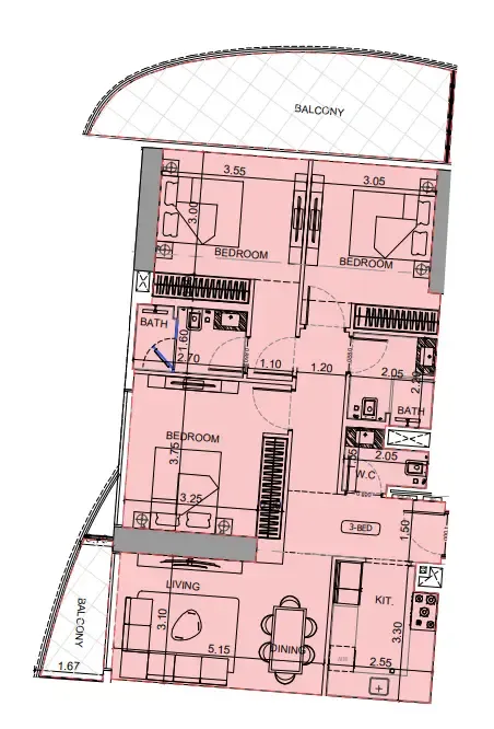 Maybach 6 3 bed floor plan, 1,333 sqft