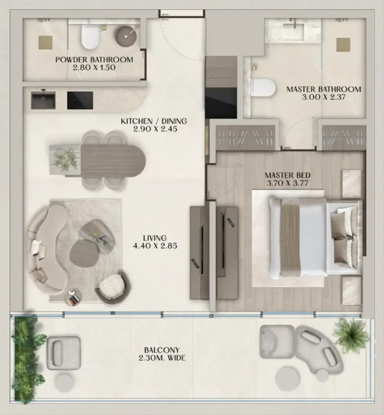 Soléva Beach Residences 1 bed floor plan, 855 sqft