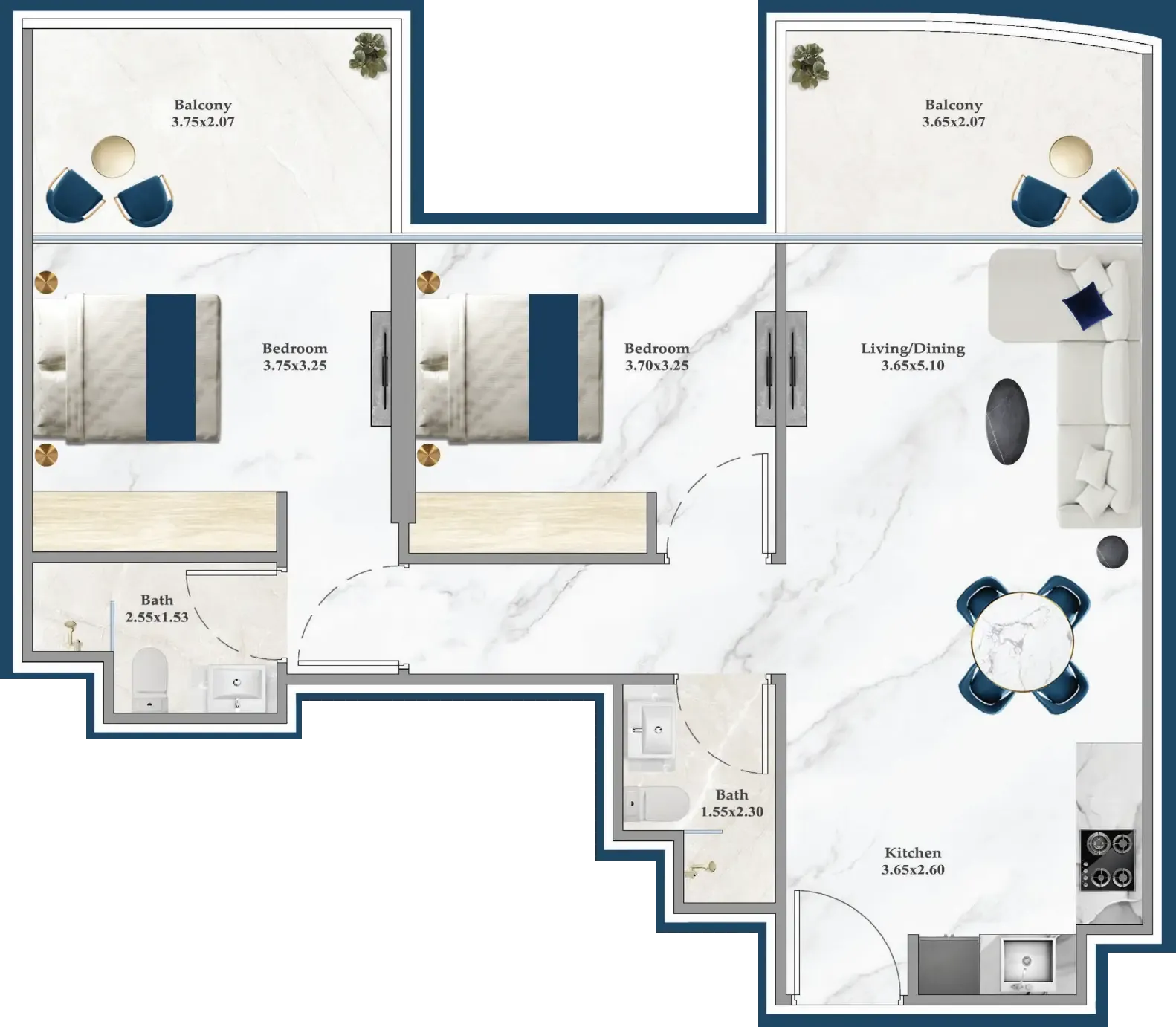 Serenz 2 bed floor plan, 864 sqft