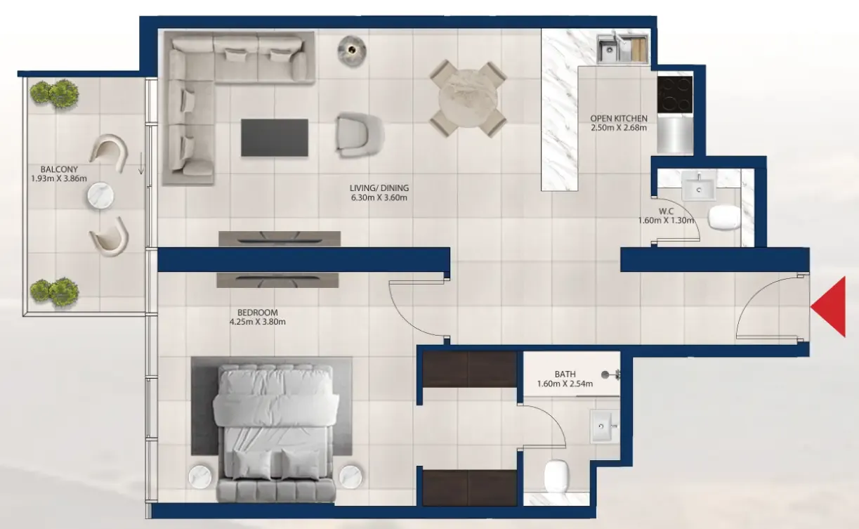 Al Vista 1 bed floor plan, 871 sqft