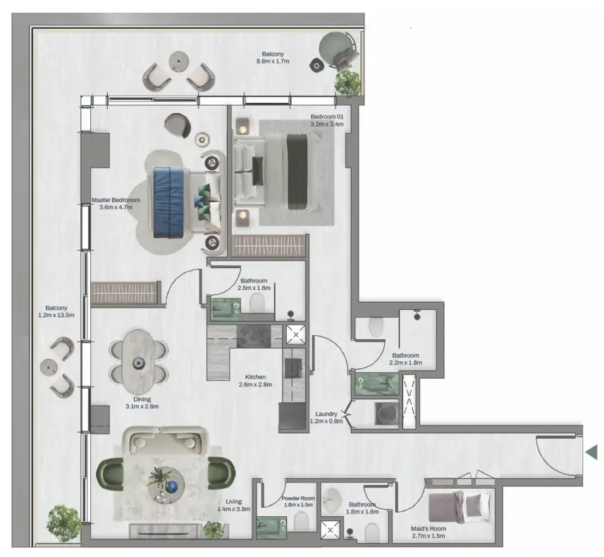 Oceara Park View Residences Phase 1 2 bed floor plan, 1,457 sqft