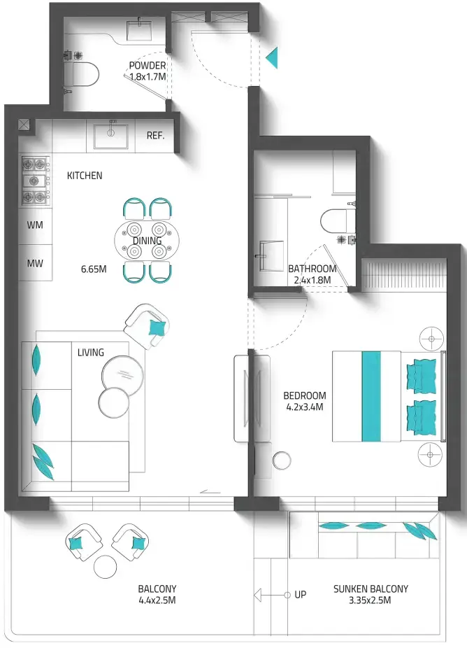 Reef 996 1 bed floor plan, 767 – 784 sqft