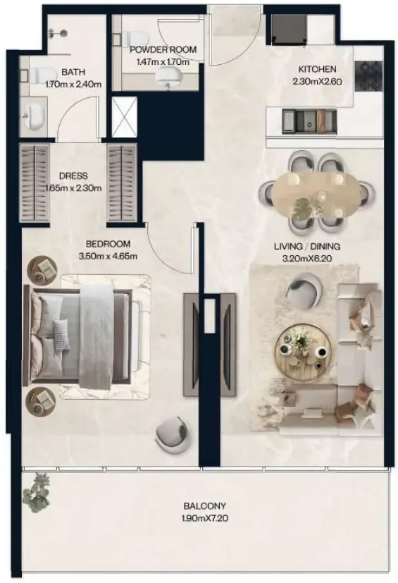 Norah Residence 1 bed floor plan, 774 – 840 sqft