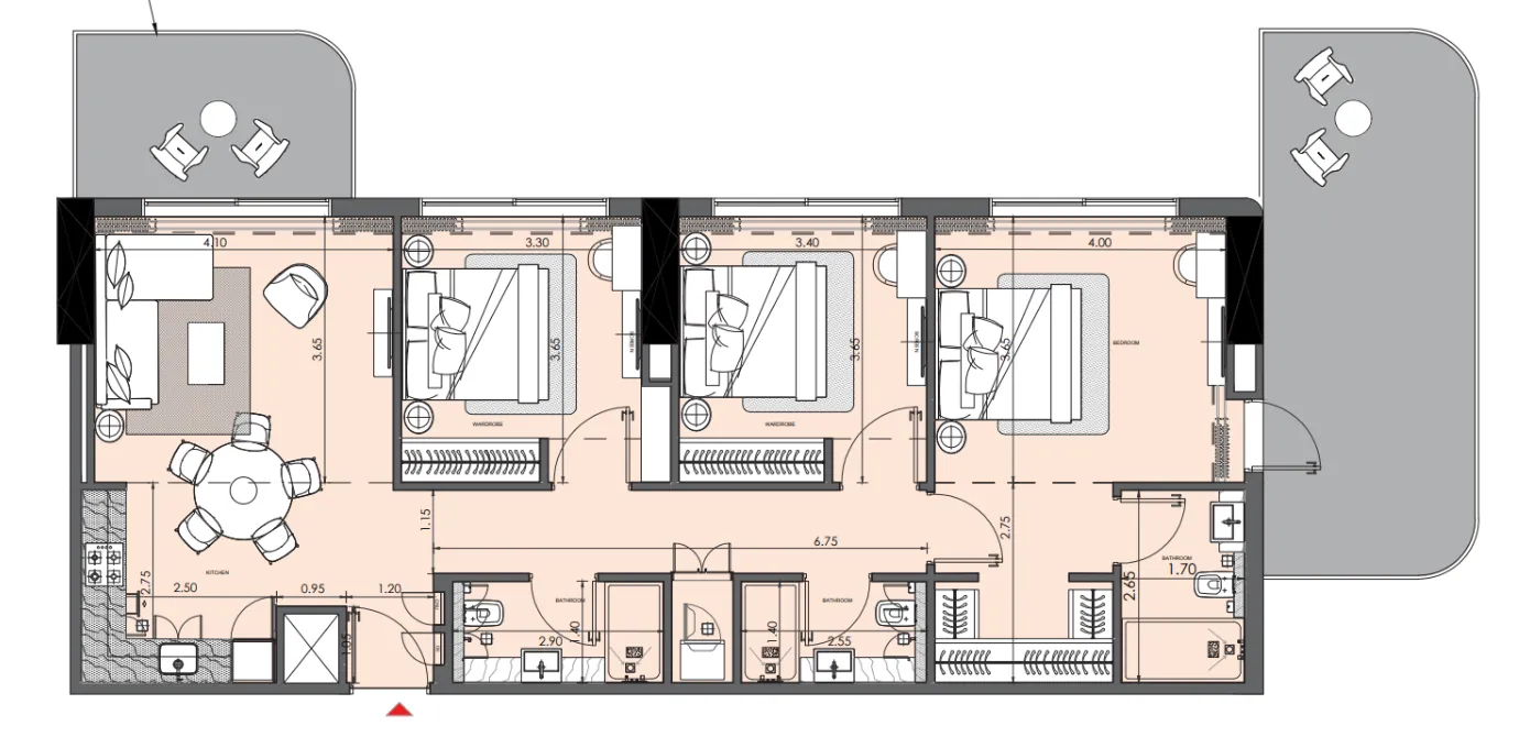 Azizi Wasel 3 bed floor plan, 1,409 sqft
