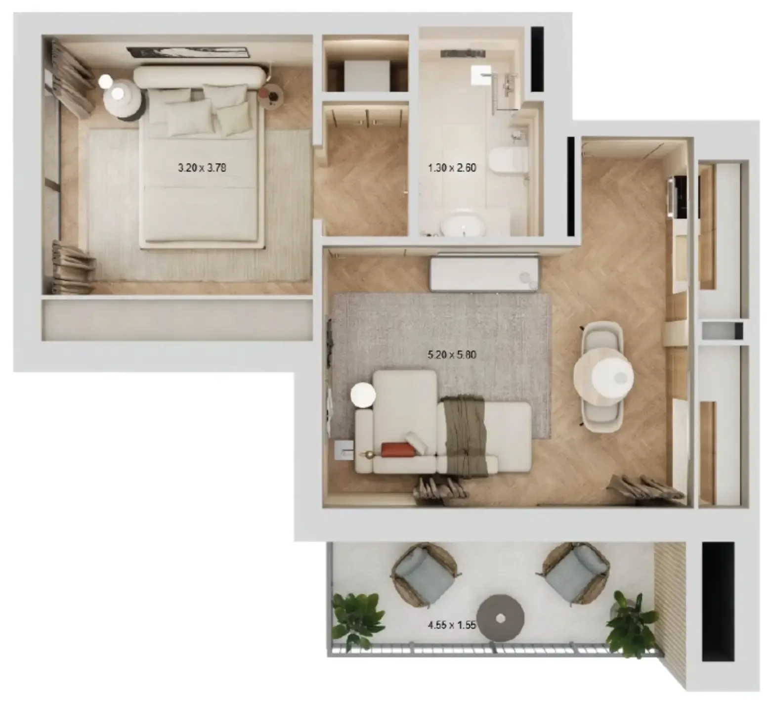 Arisha Terraces 1 bed floor plan, 593 sqft