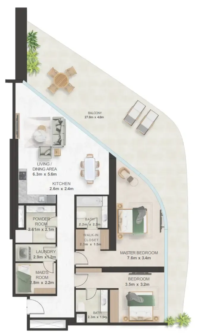 Oystra 2 bed floor plan, 2,266 sqft