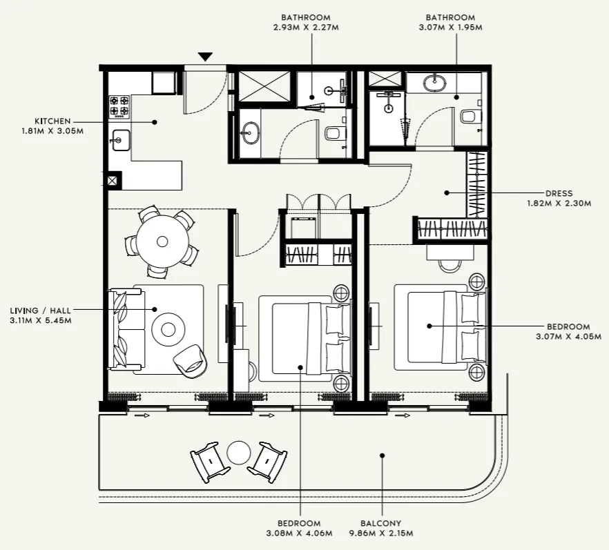 Azizi Venice 2 bed floor plan, 1,154 sqft