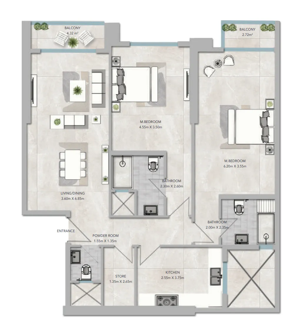 Al Aamra 3 Tower 2 bed floor plan, 1,647 – 1,650 sqft