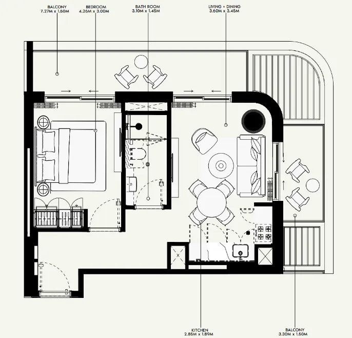 Azizi Venice 1 bed floor plan, 709 sqft