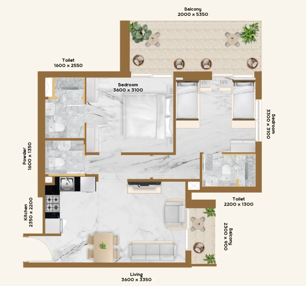 RR Residence 2 bed floor plan, 851 sqft