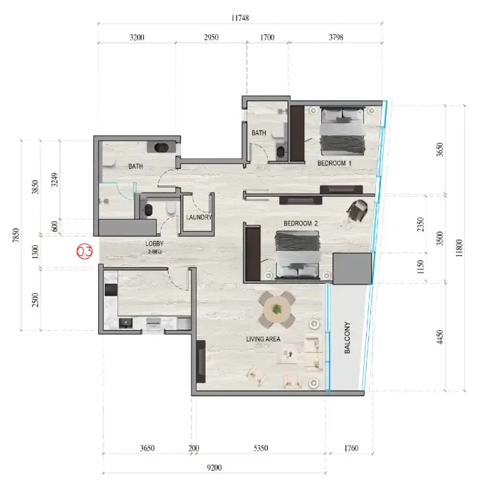 Al Ghaf Tower 2 bed floor plan, 1,275 sqft