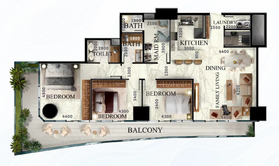 Radiant Elite Tower 3 bed floor plan, 1,970 – 2,106 sqft