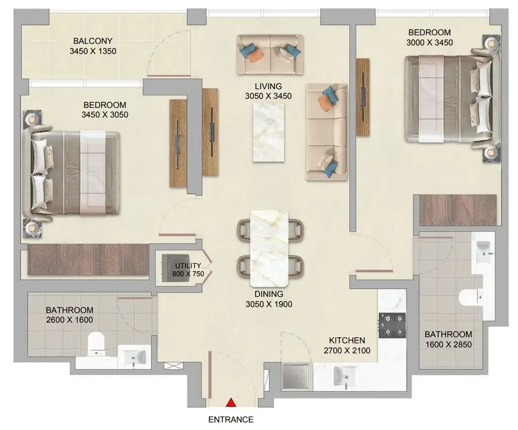 The Woods at Sobha Sanctuary 2 bed floor plan, 864 sqft