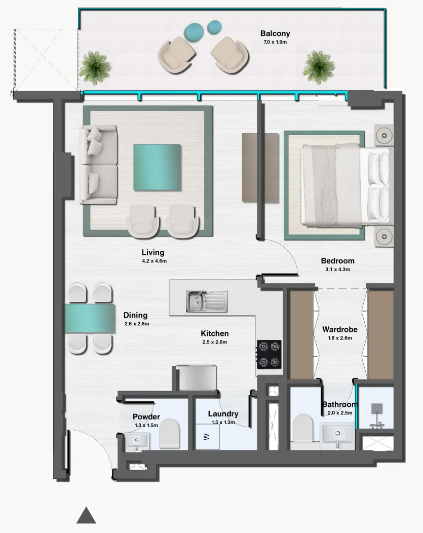 Sereno Residences 1 bed floor plan, 876 sqft