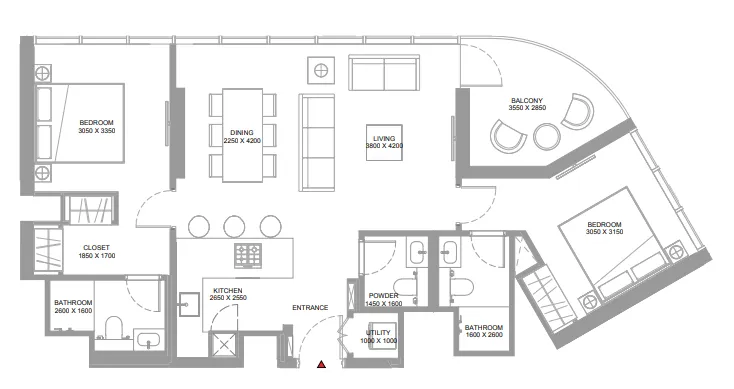 Pierside Marina Residences 2 bed floor plan, 1,021 sqft