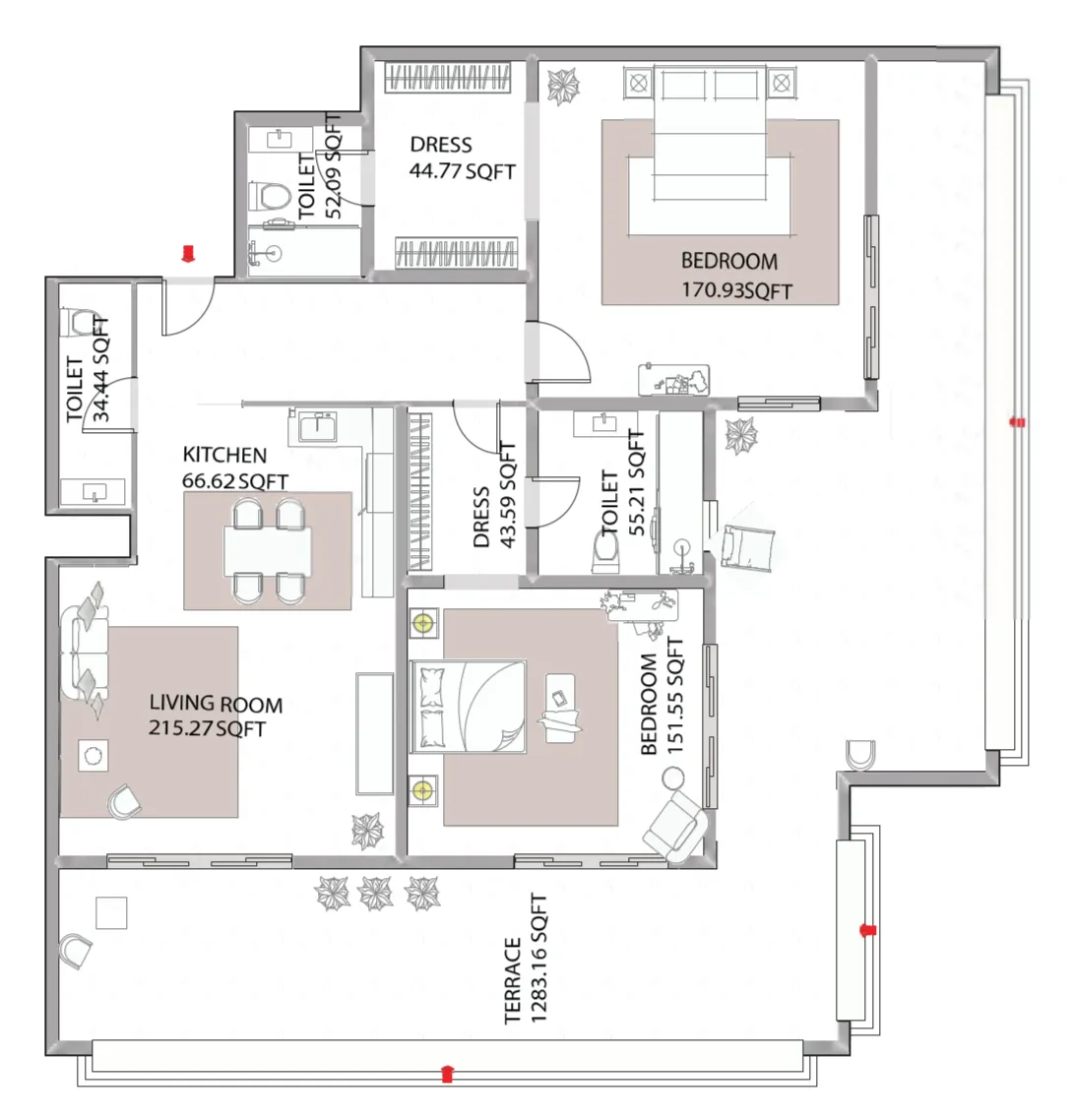 Ajman Creek Towers 2 bed floor plan, 2,915 sqft