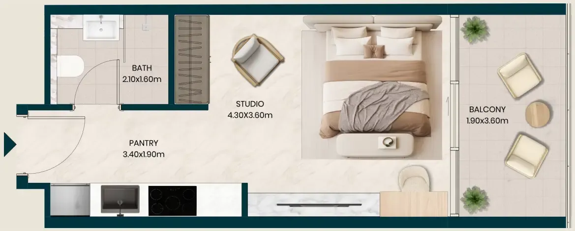 Kyomi Residences Studio floor plan, 385 sqft
