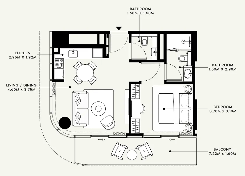 Azizi Venice 1 bed floor plan, 675 sqft