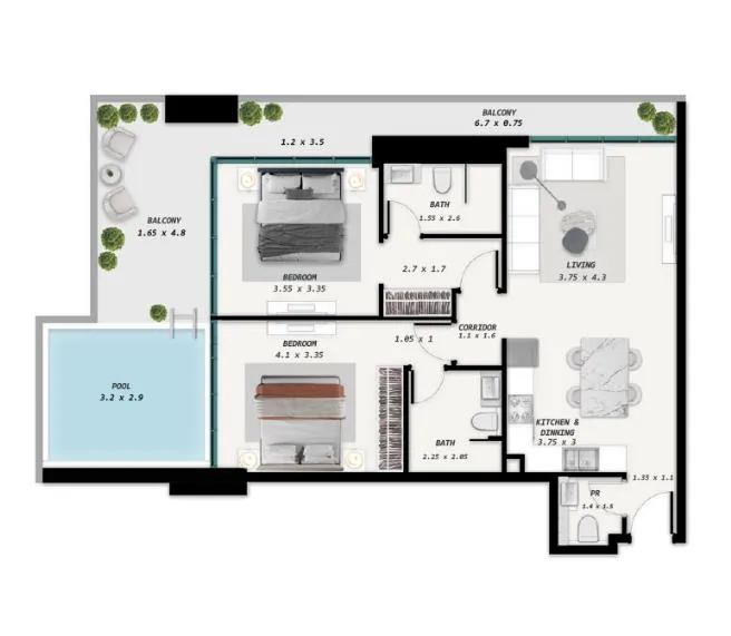 Samana Park Meadows 2 bed floor plan, 1,176 – 1,251 sqft
