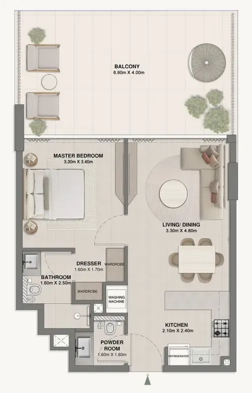 Woodland Crest 1 bed floor plan, 828 sqft