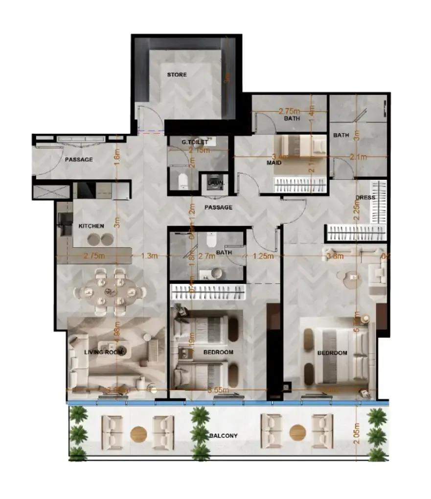 Radiant Terrace 2 bed floor plan, 1,746 sqft