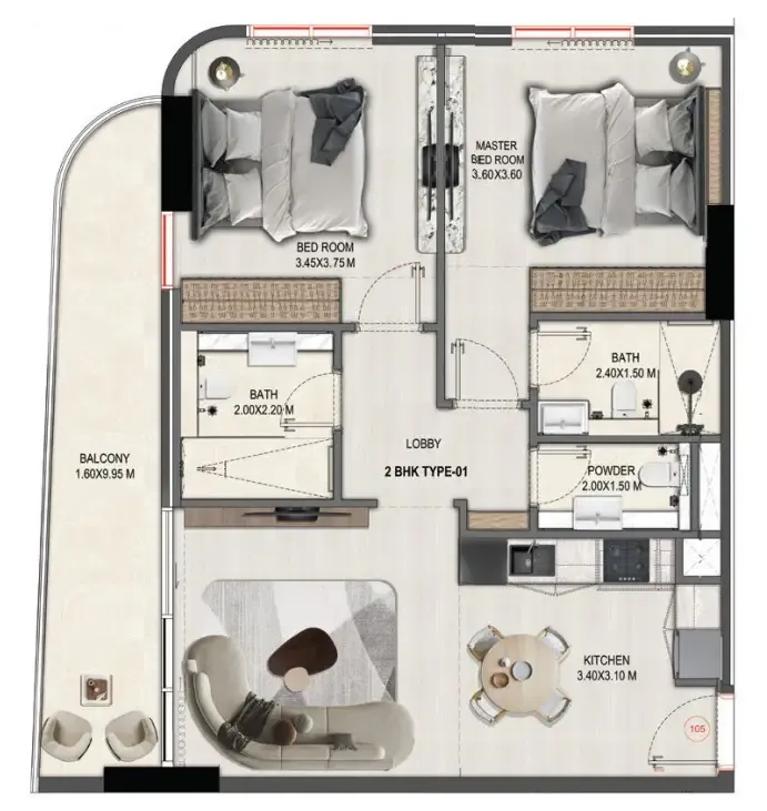 Divine Elements 2 bed floor plan, 931 sqft