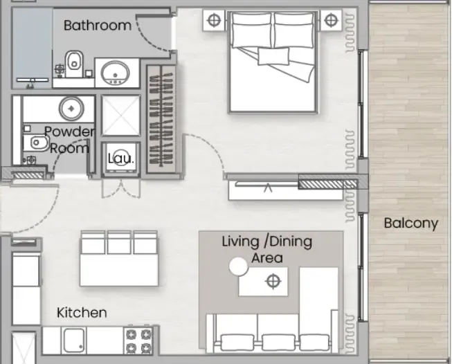 One Beverly 1 bed floor plan, 674 sqft